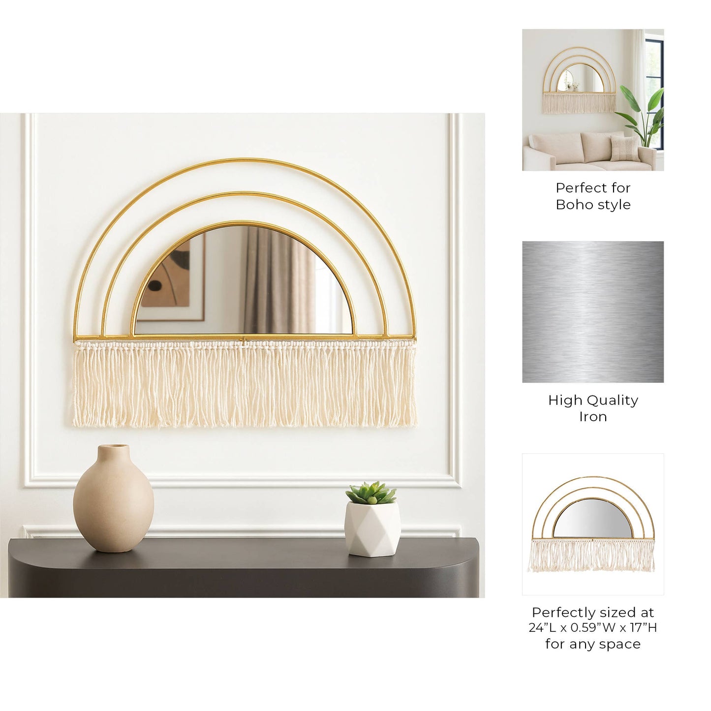 Metal Wood Arched Wall Mirror Macrame Accents - Gold, 17 in.