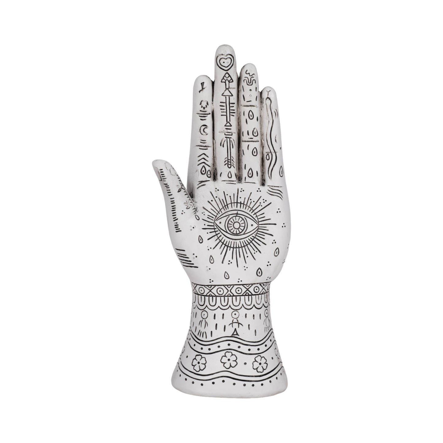 Resin Symbolic Eye Tattoo Hand Sculpture - White, 10 in.