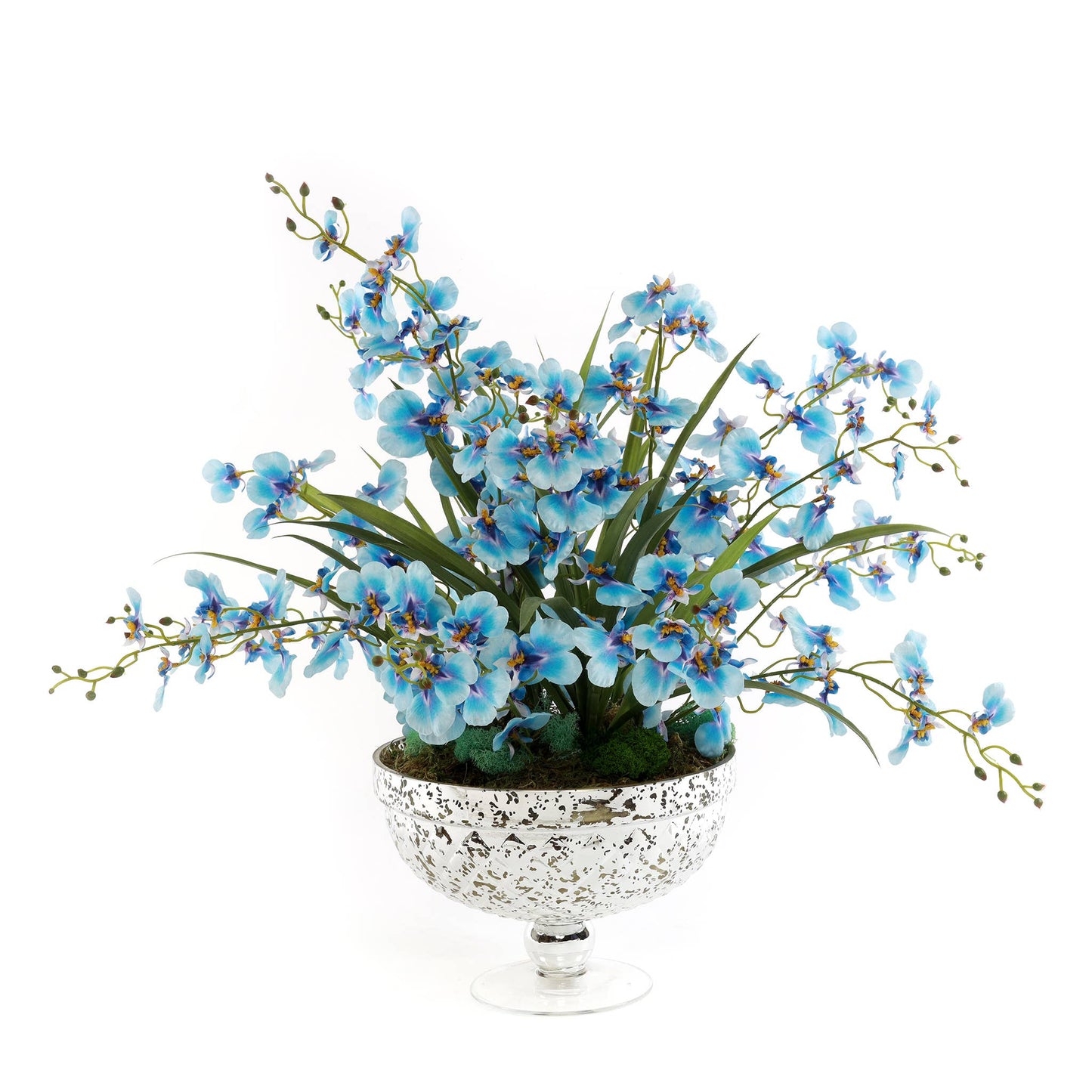 Blue Silk Oncidium Orchid Arrangement in Antique Silver Vase