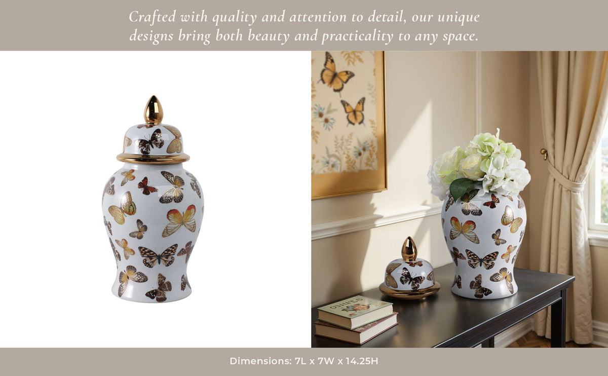 Decorative Jar- White/Gold Ceramic Tall Butterflies, 14.5in.