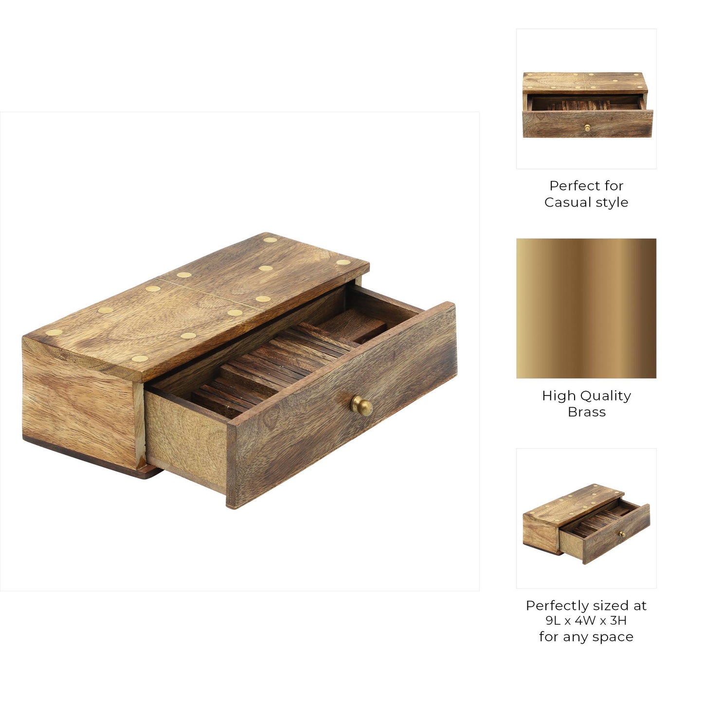 Mango Wood Pull-Out Drawer Domino Game Set - Brown, 9 in.