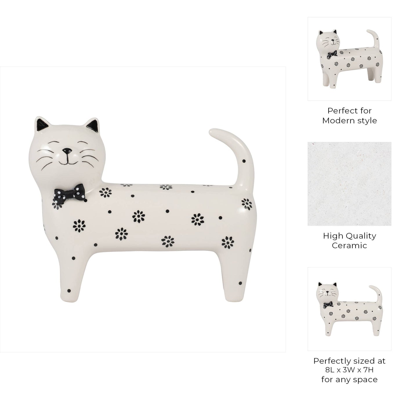 Ceramic Daisies Cat with Bowtie Figurine - White, 7 in.