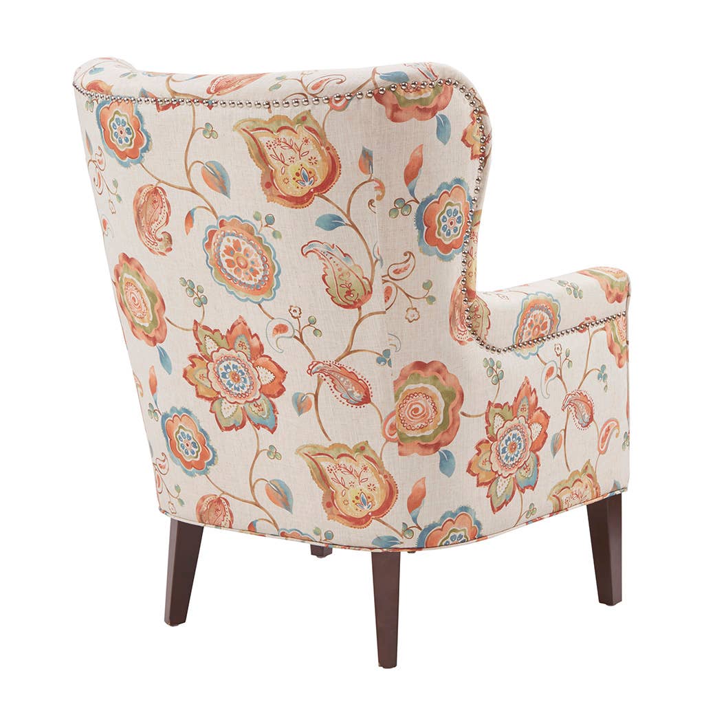Eclectic Orange Floral Round Wingback Accent Chair *