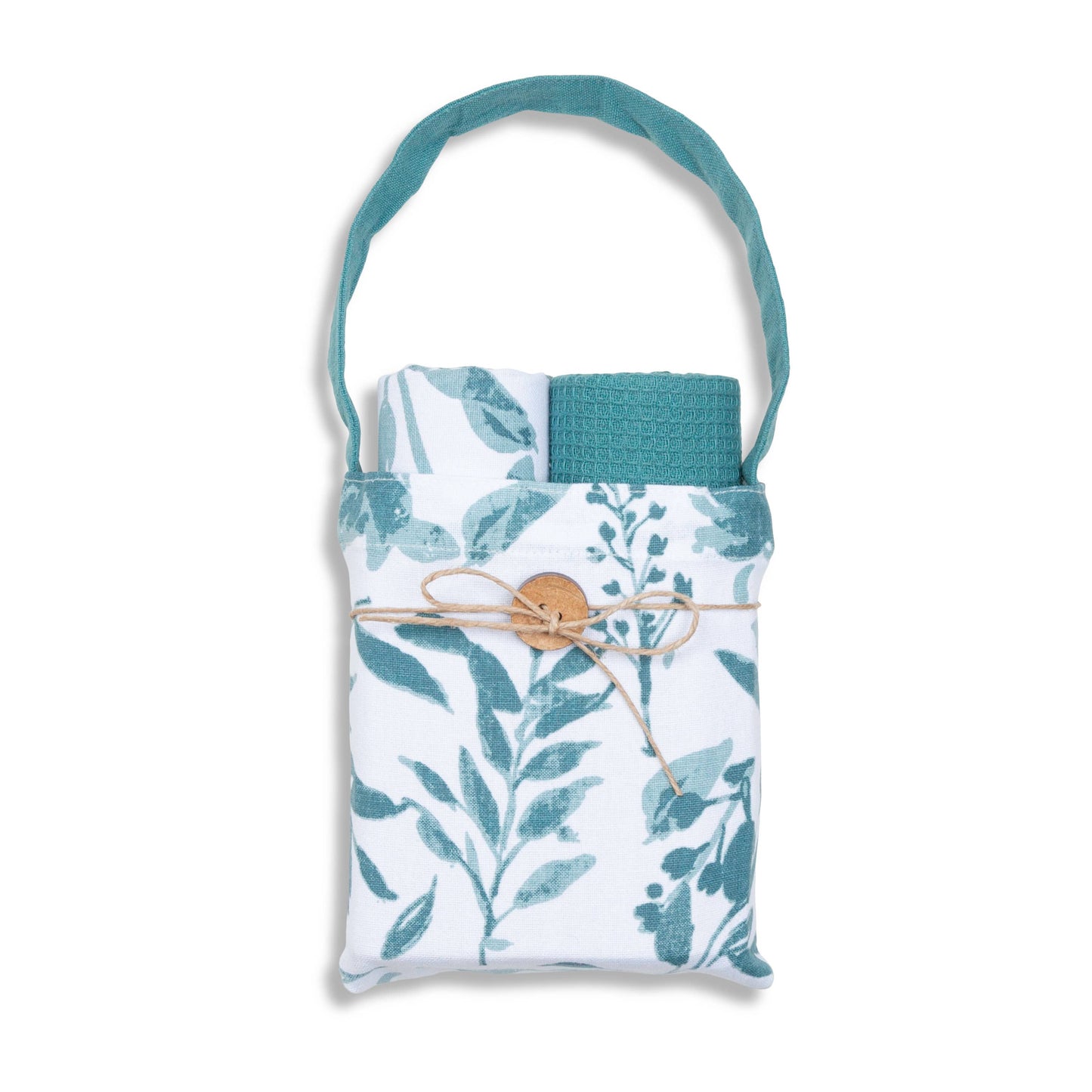 3 Piece Teal Floral Woven Kitchen Tea Towel Set