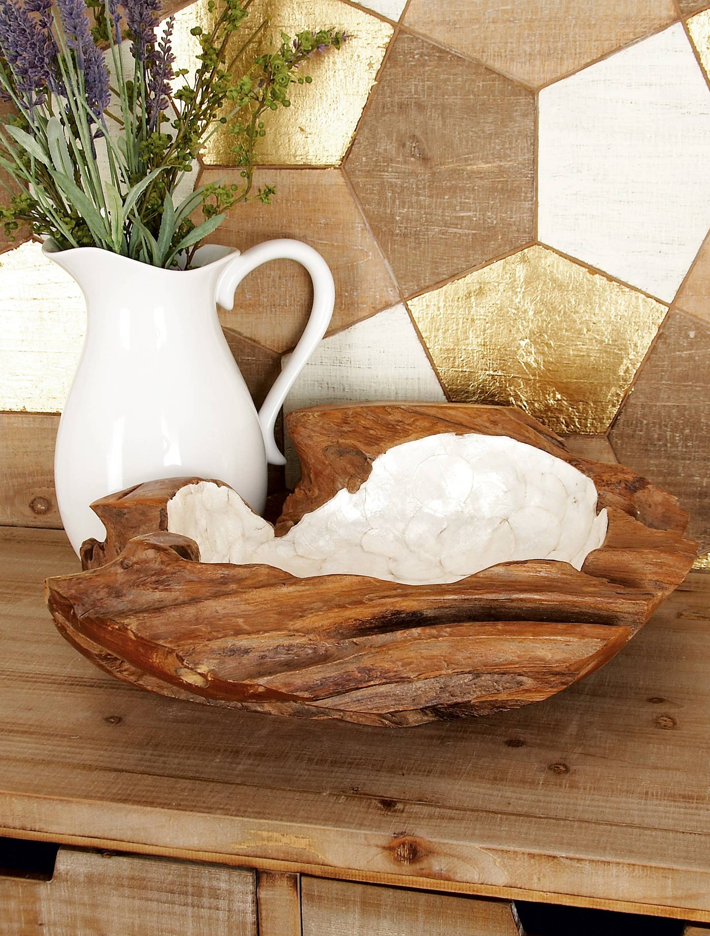Bohemian Brown Teak Wood Decorative Bowl - Capiz Interior