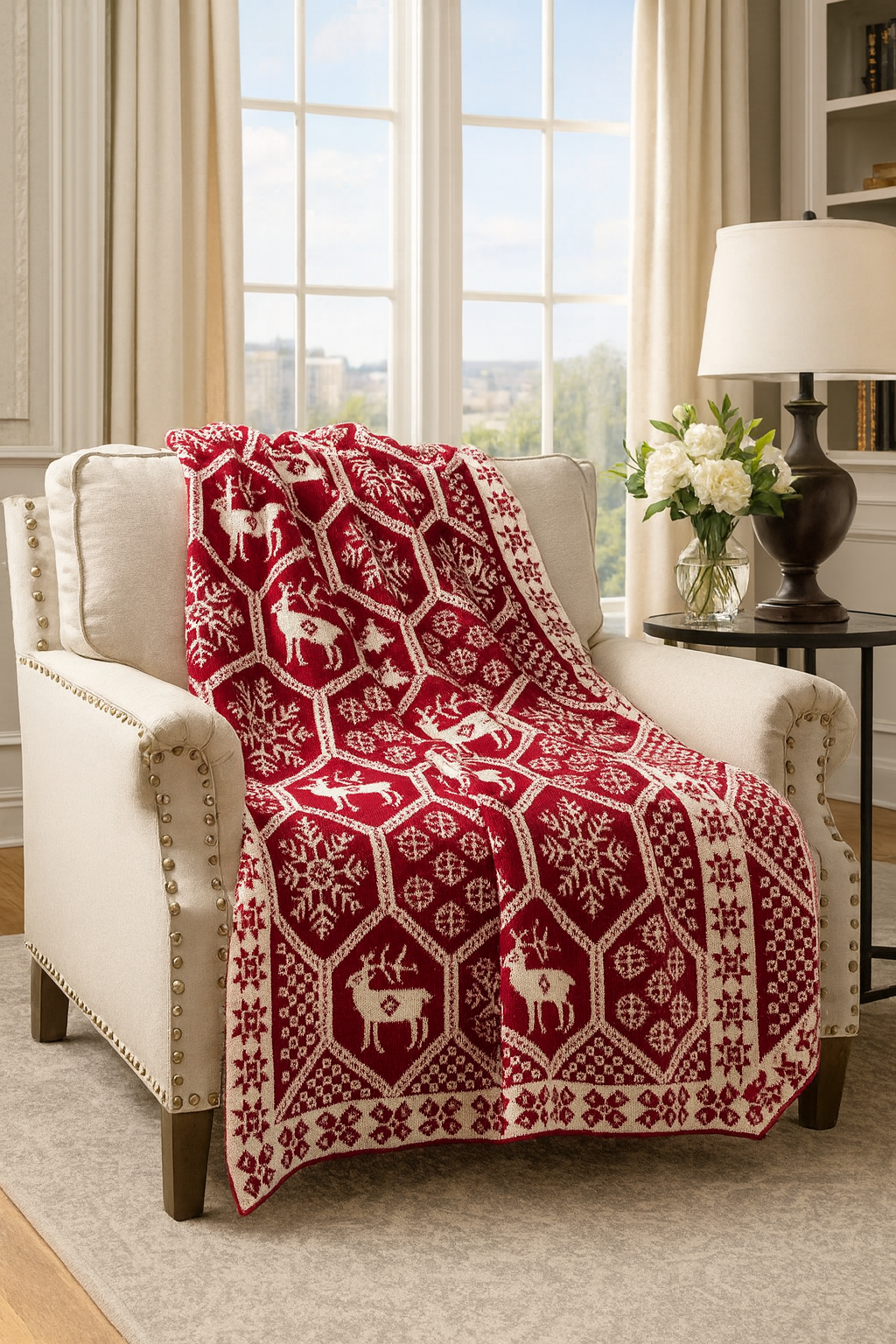 Knitted Red-White Festive Christmas Throw Blanket