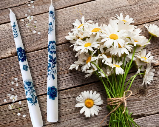 Blue Vintage Floral Taper Candles, Blue Antique Candlesticks