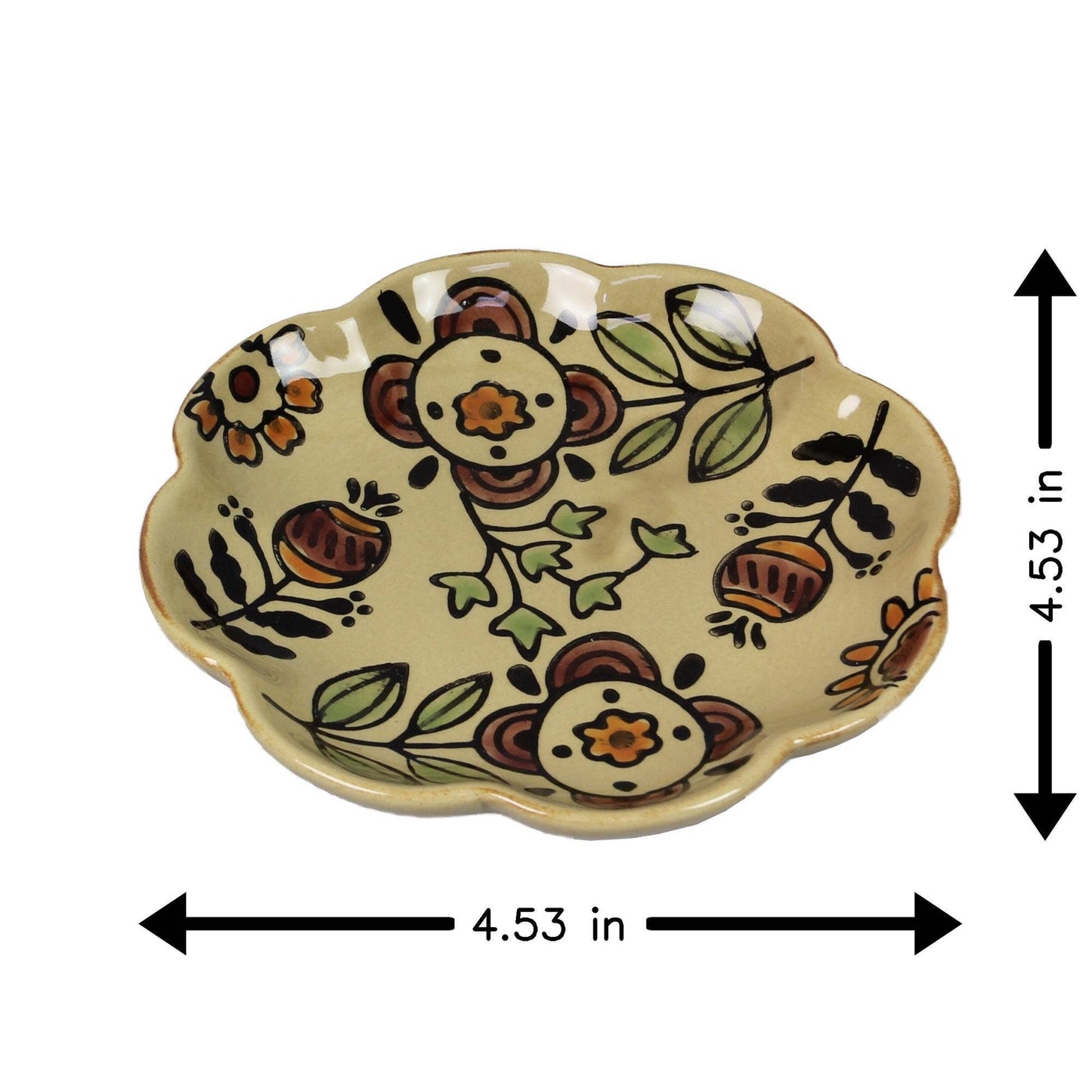 Stoneware Trinket Dish With Folk Art Floral Design