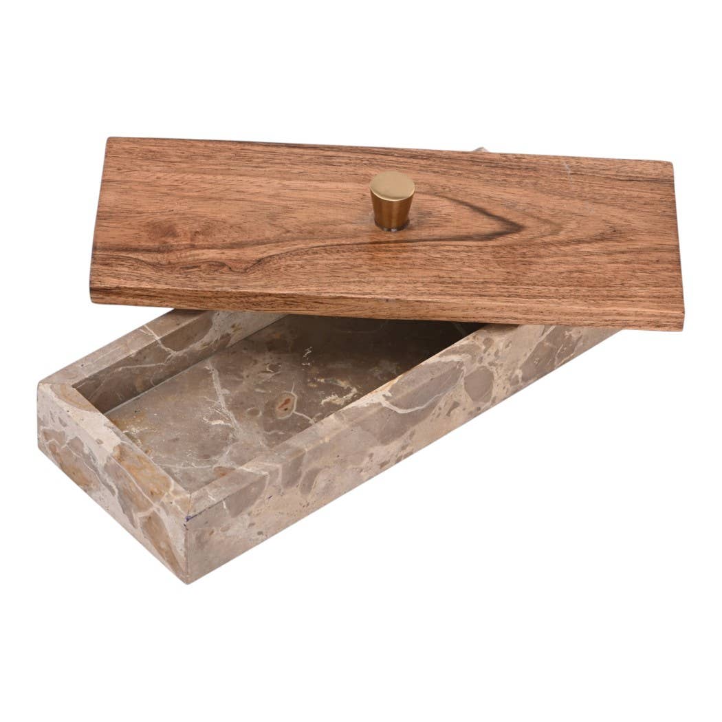 10x3" Leopard Marble Box With Mango Wood Lid And