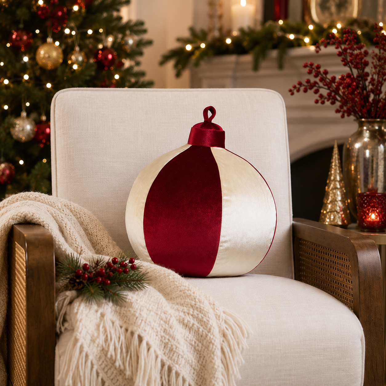 12" Classic Velvet Christmas Ornament Round Throw Pillow