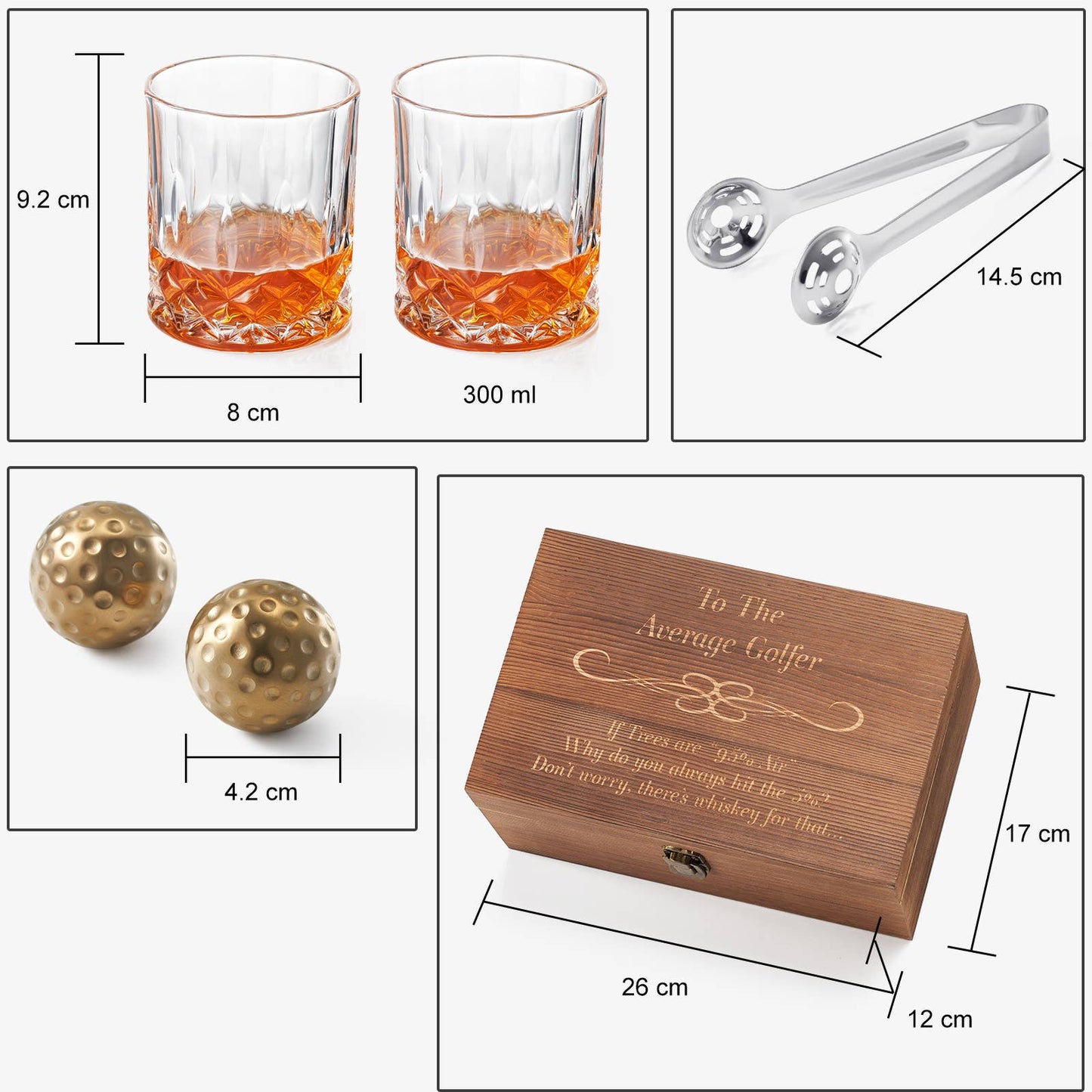 Golf Ball Whiskey Chillers & Glasses With Wood Gift Box