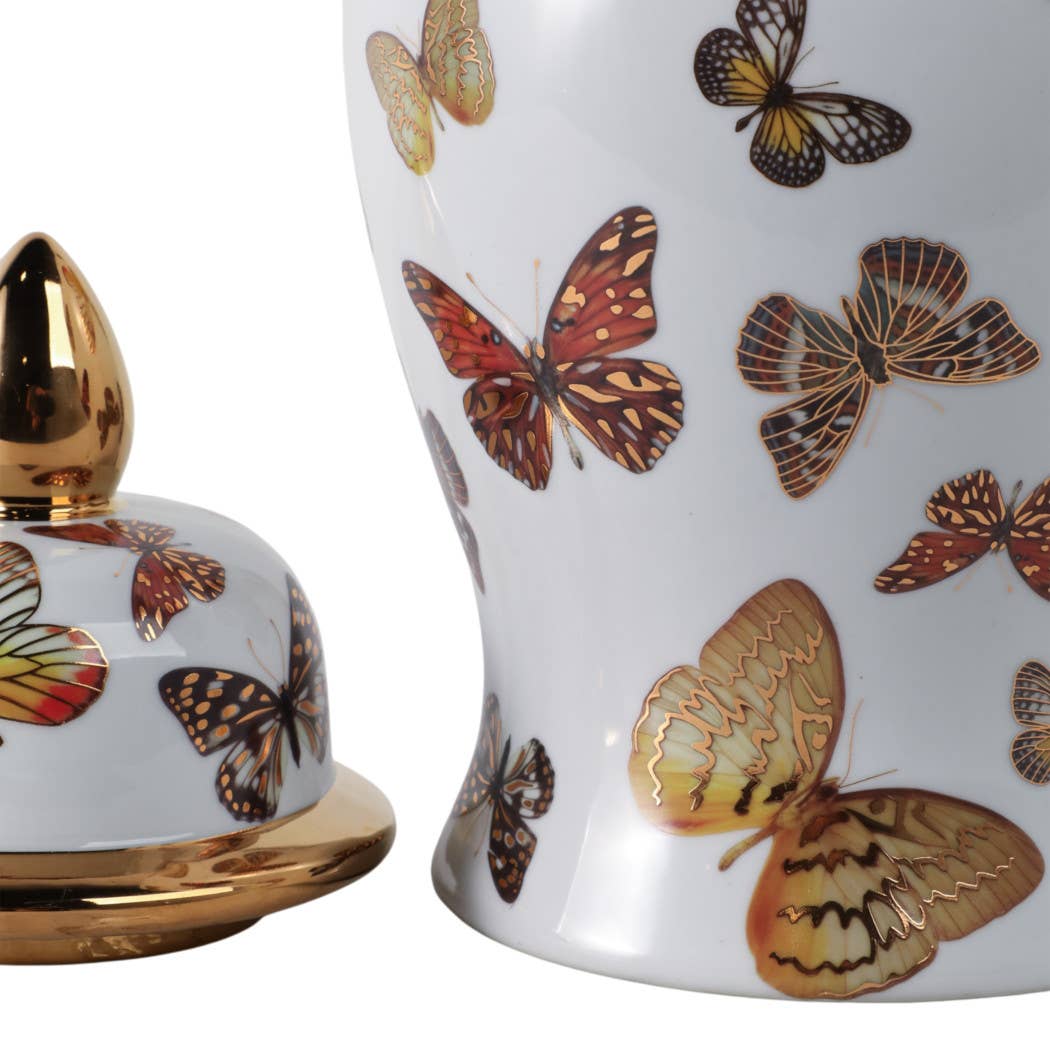Decorative Jar- White/Gold Ceramic Tall Butterflies, 14.5in.