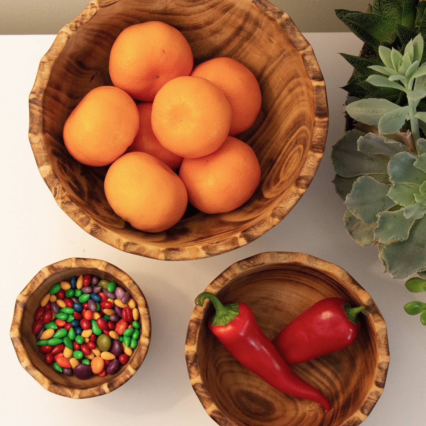 Nested Round Scalloped Jacaranda Wood Bowls, Set of 3