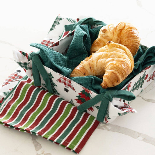 4 Piece Candy Cane Stripe Tea Towel & Bread Basket Set