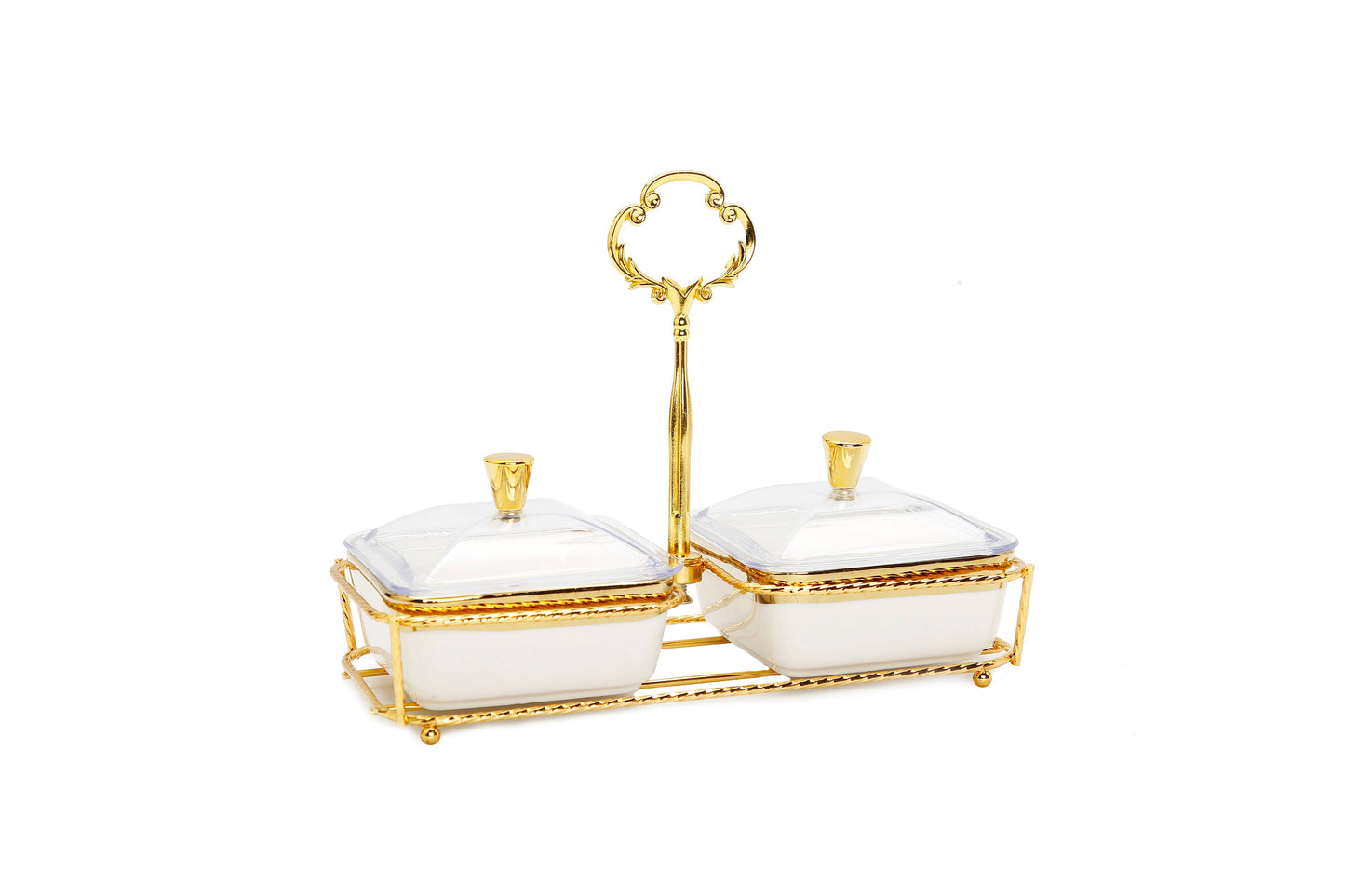 White Porcelain 2 Bowl Relish Dish on Gold Base - 8.25"L