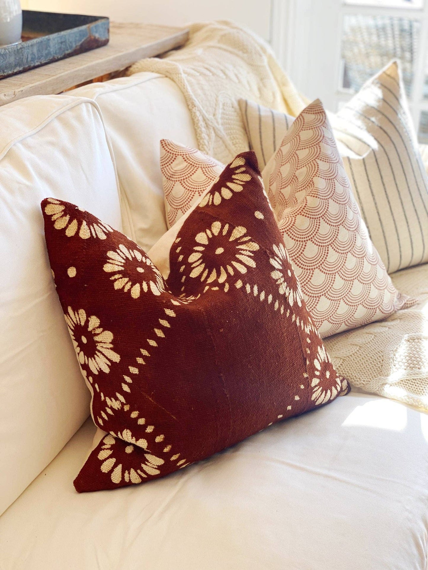 Authentic Mudcloth Rust Boho Flower Pillow