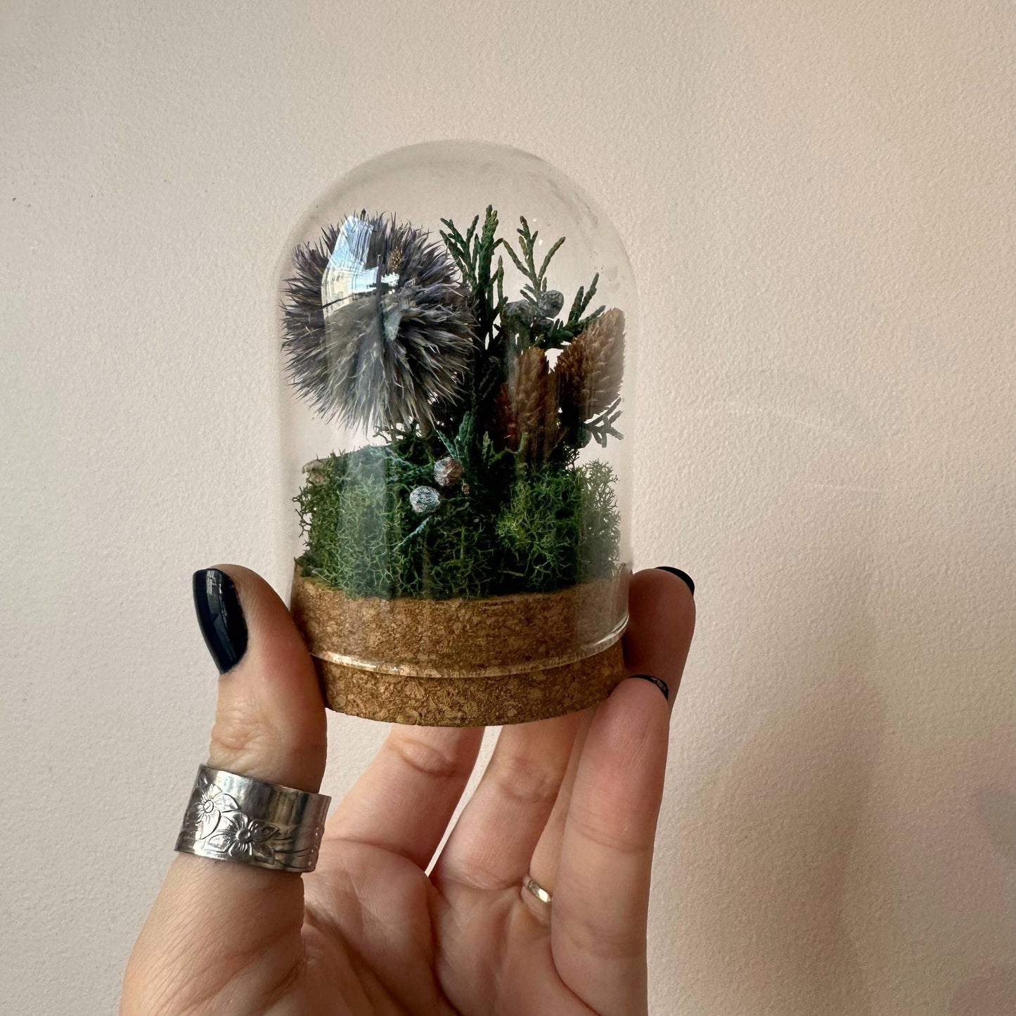 Large Botanical Glass Terrarium Jar w. Blue Dried Florals