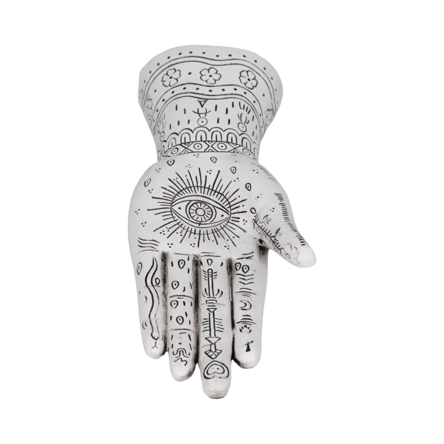 Resin Symbolic Eye Tattoo Hand Sculpture - White, 10 in.