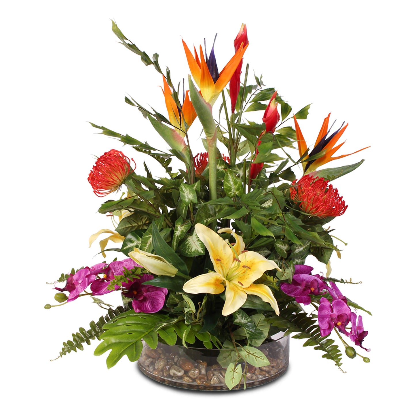 Exotic Tropical Silk Floral with Pebbles  in Glass Bowl
