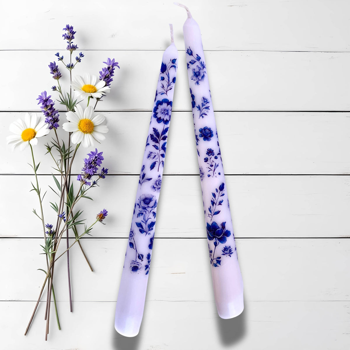 Blue Floral Chinoiserie Taper Candles for Decor and Gifts