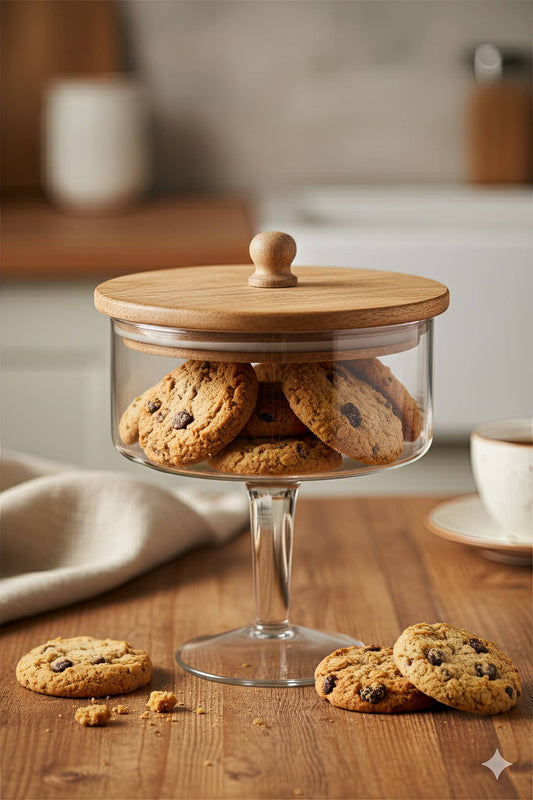 Med. Pedestal Glass Jar with Wood Top