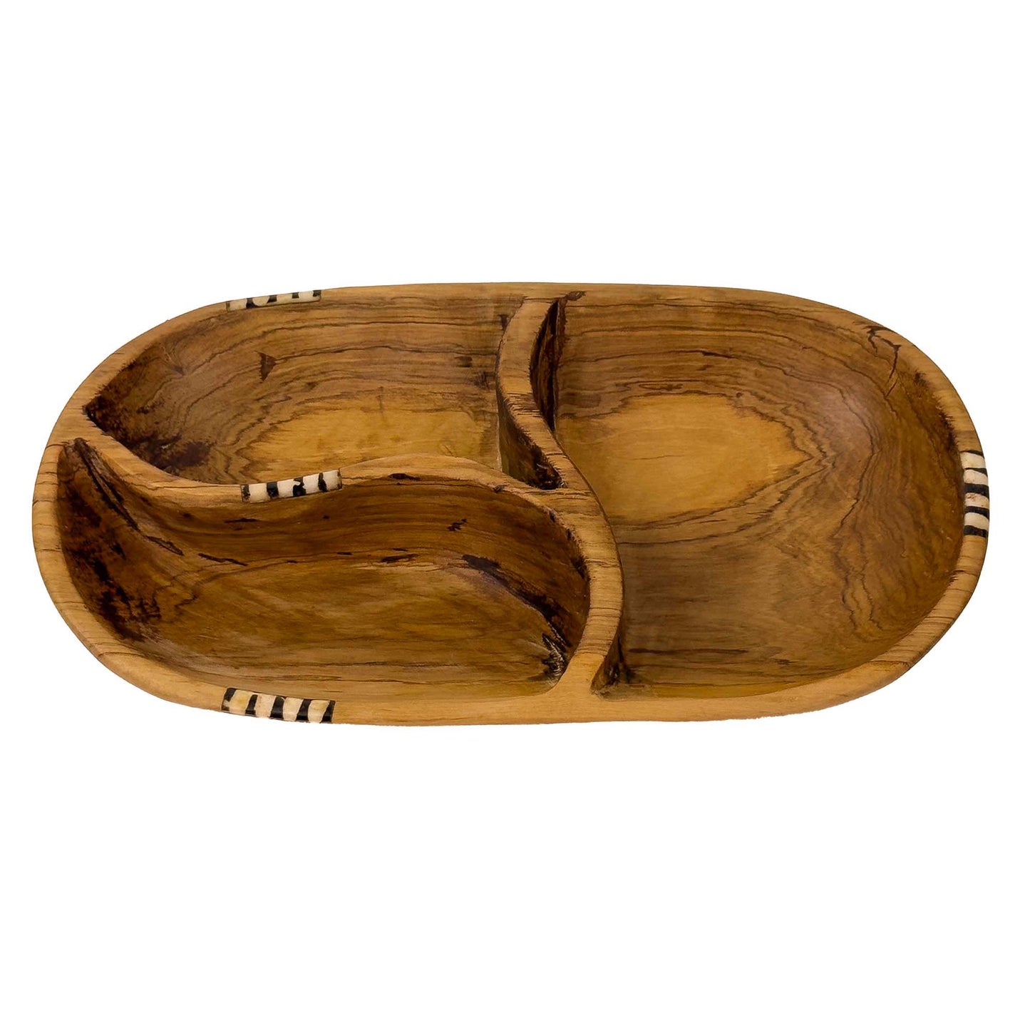 Tri-Section Olive Wood Serving Platter with Batik Bone Accent