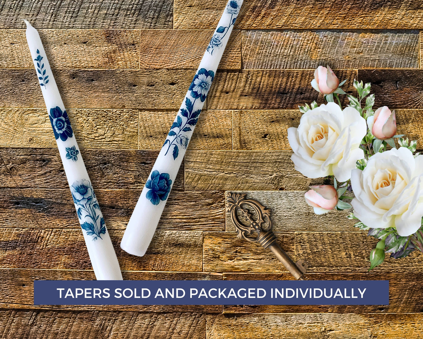Blue Vintage Floral Taper Candles, Blue Antique Candlesticks