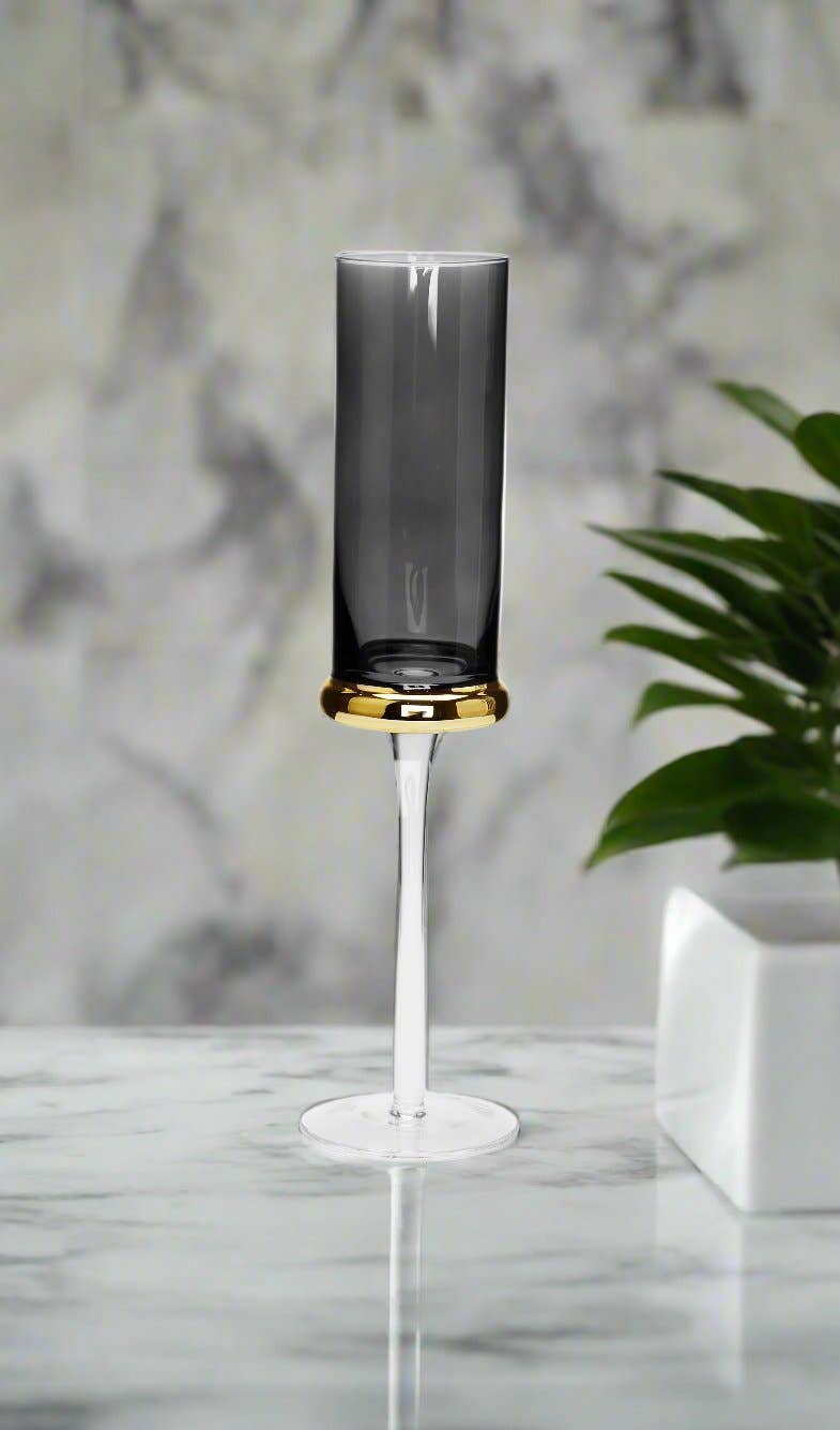 Set of 6 Flute Glasses Tinted Black with Gold Band