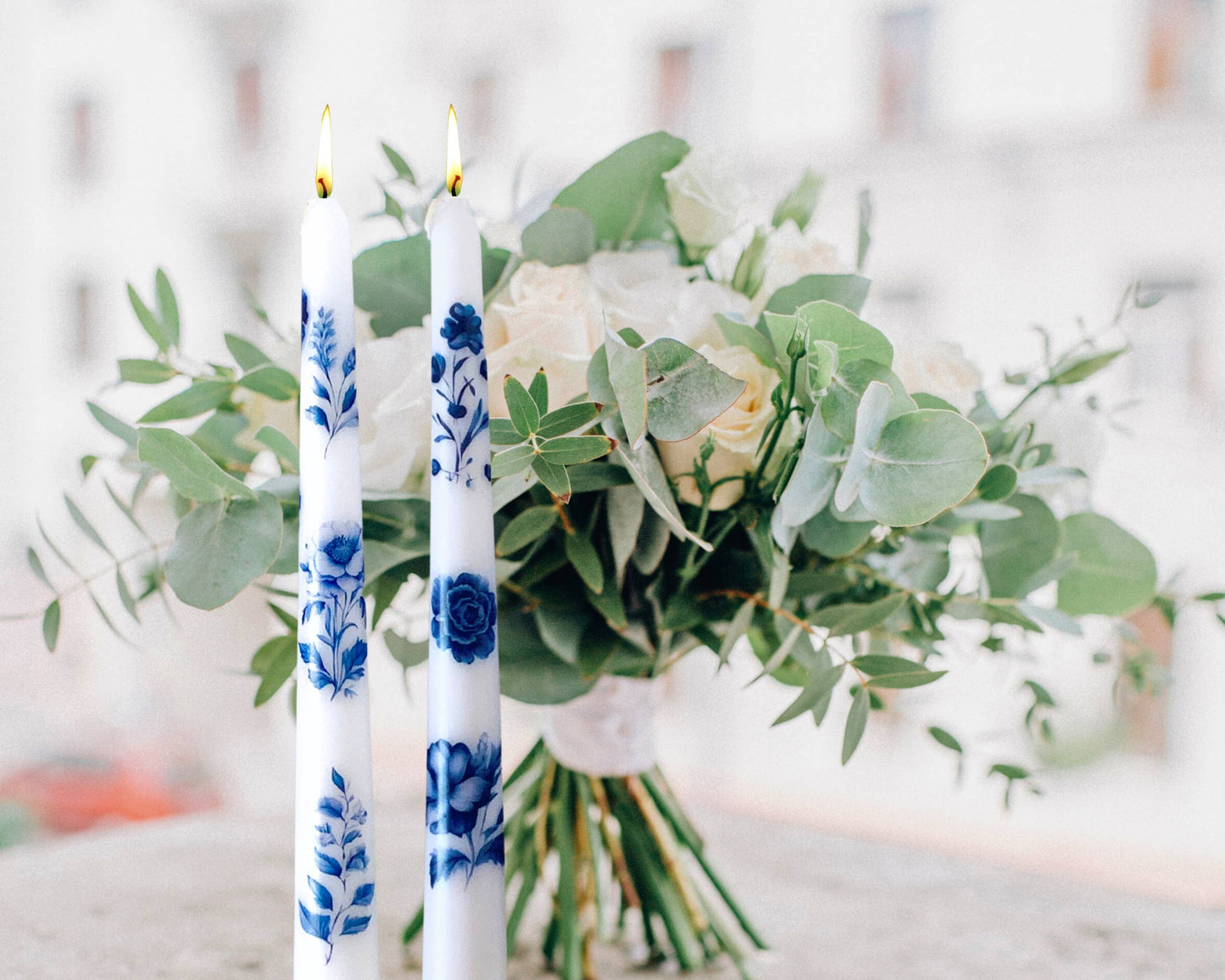 Blue Vintage Floral Taper Candles, Blue Antique Candlesticks