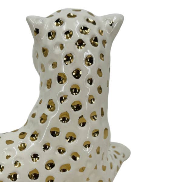 Figurine White/Gold Ceramic Leopard Lying Down, 10 in.