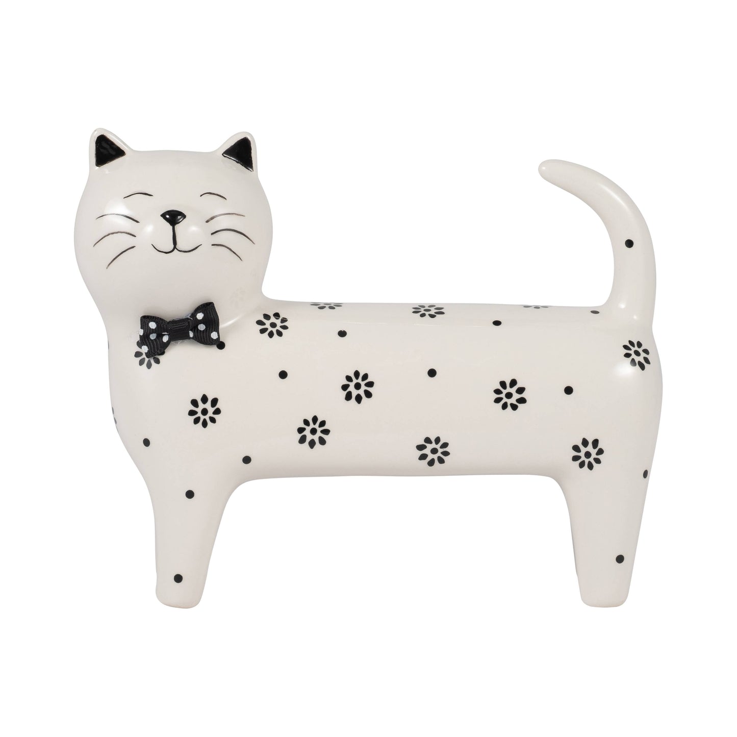 Ceramic Daisies Cat with Bowtie Figurine - White, 7 in.
