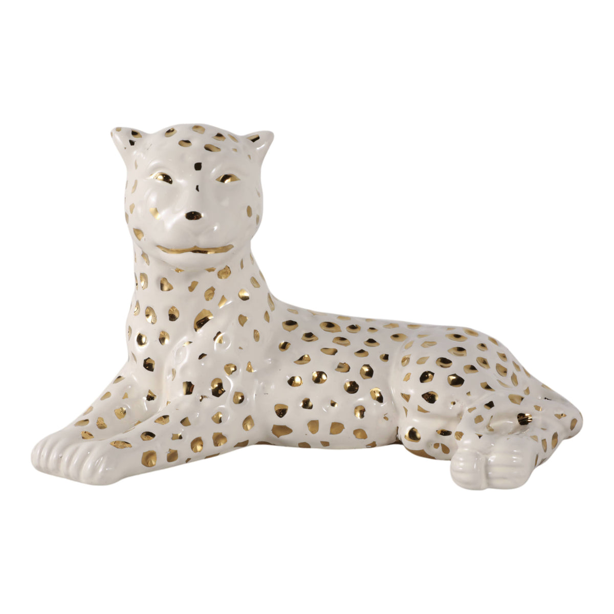 Figurine White/Gold Ceramic Leopard Lying Down, 10 in.