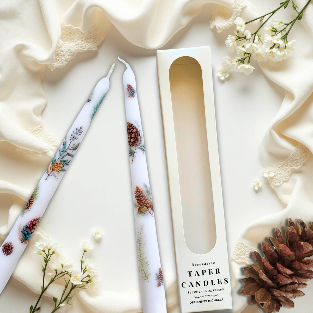 Winter Forest Pinecone Taper Candles for Gifts + Home Decor