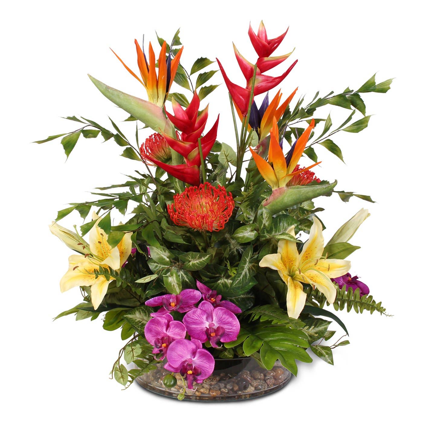 Exotic Tropical Silk Floral with Pebbles  in Glass Bowl