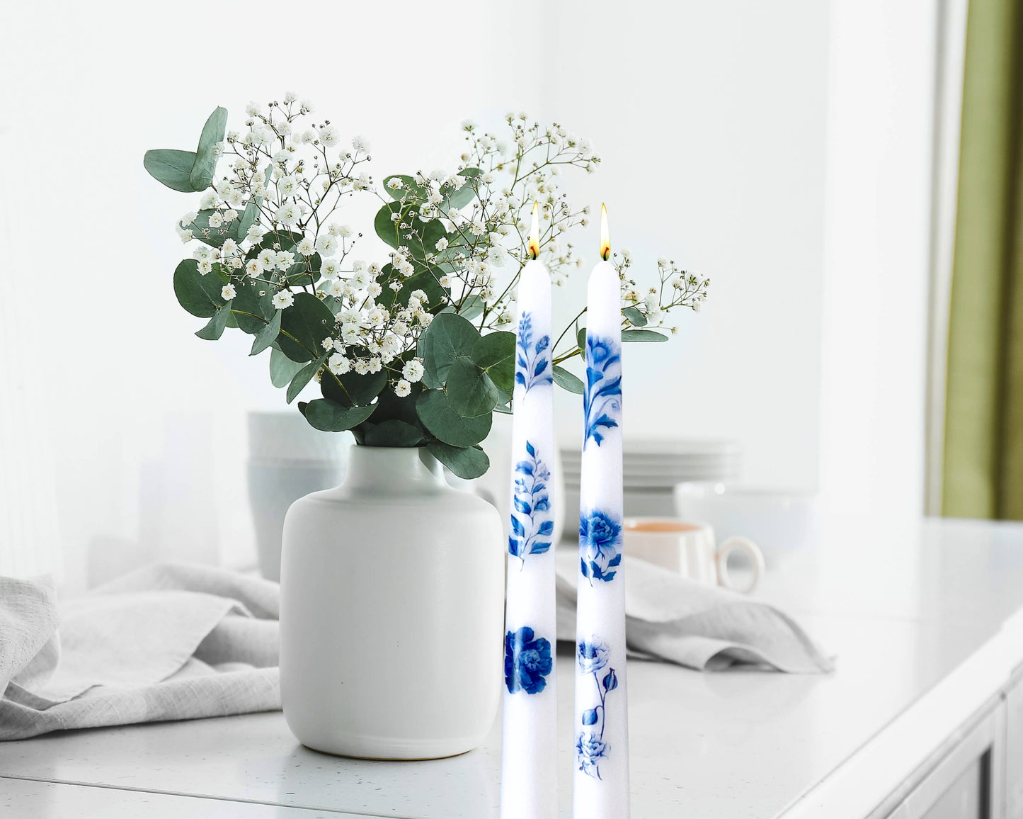 Blue Vintage Floral Taper Candles, Blue Antique Candlesticks