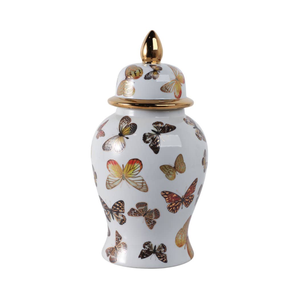Decorative Jar- White/Gold Ceramic Tall Butterflies, 14.5in.