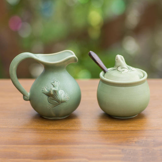 Novica Handmade Fancy Frogs Ceramic Sugar Bowl And Creamer
