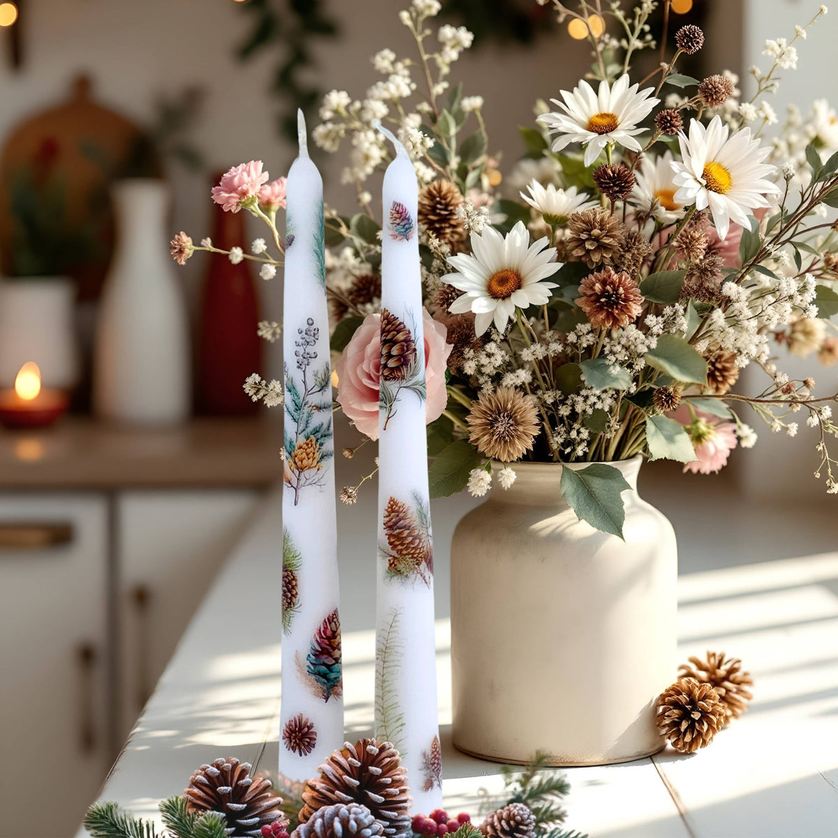 Winter Forest Pinecone Taper Candles for Gifts + Home Decor