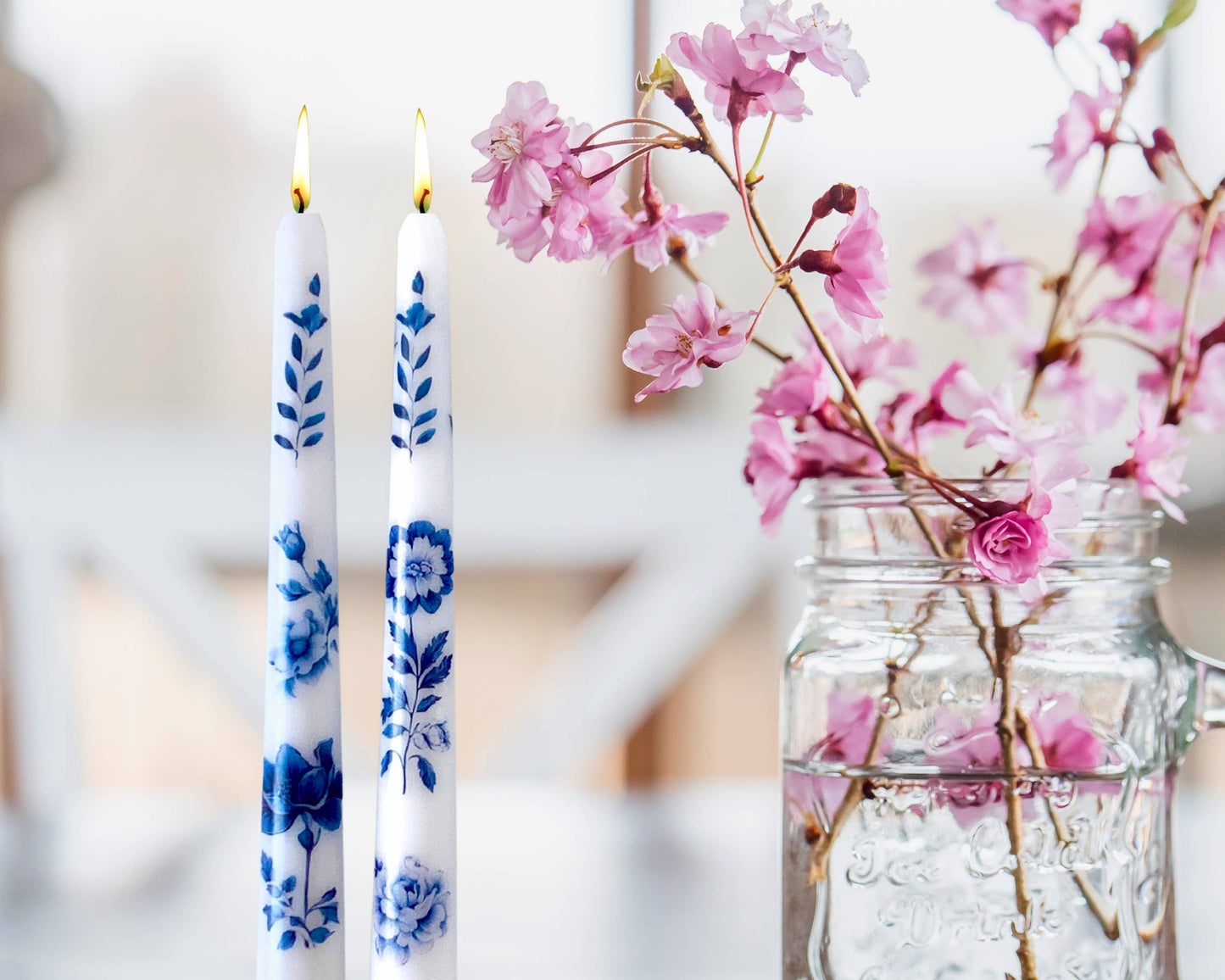 Blue Vintage Floral Taper Candles, Blue Antique Candlesticks