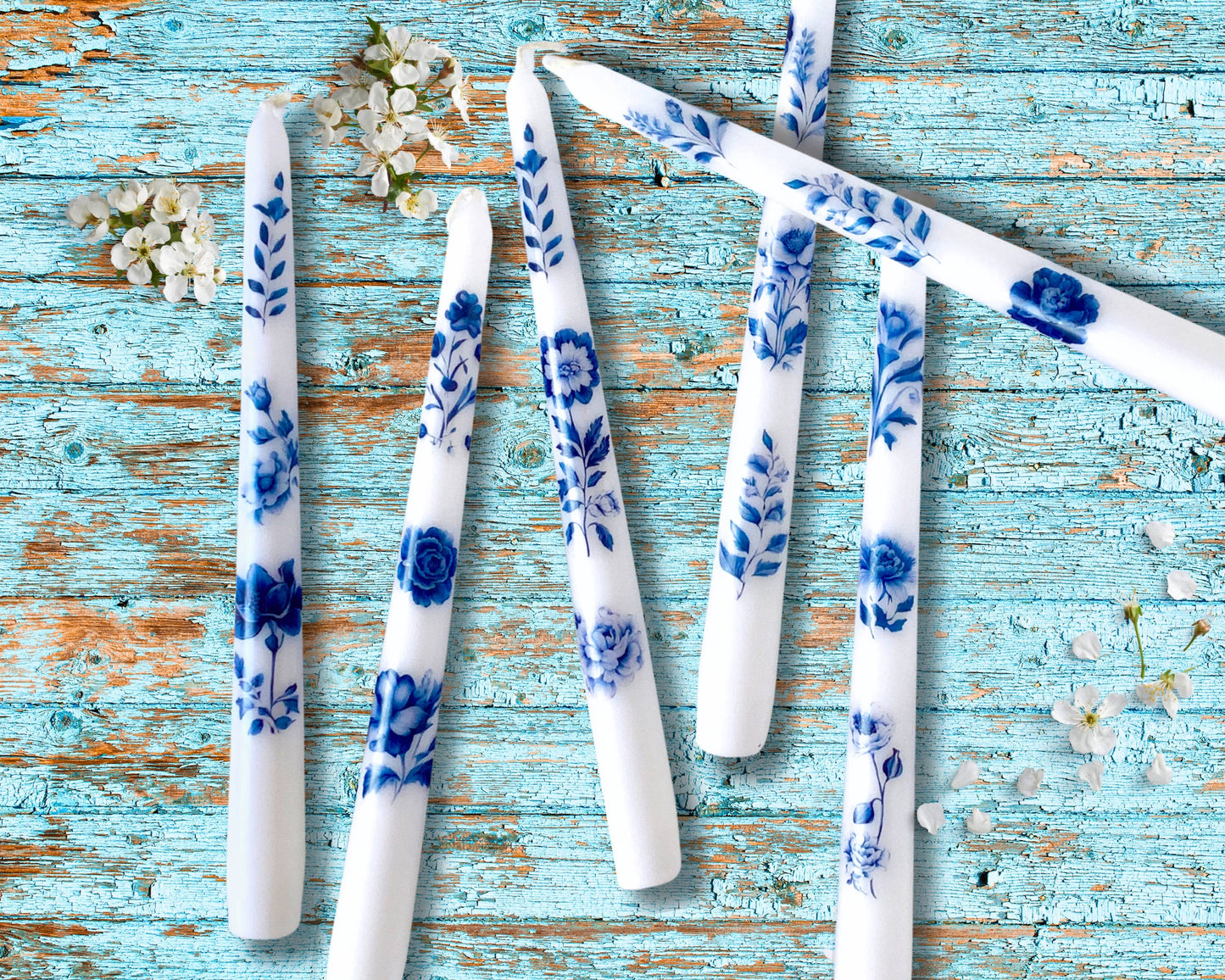 Blue Vintage Floral Taper Candles, Blue Antique Candlesticks