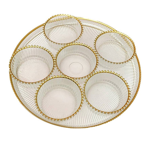 12"D Glass Seder Tray With Gold Beaded Trim - With 6 Bowls