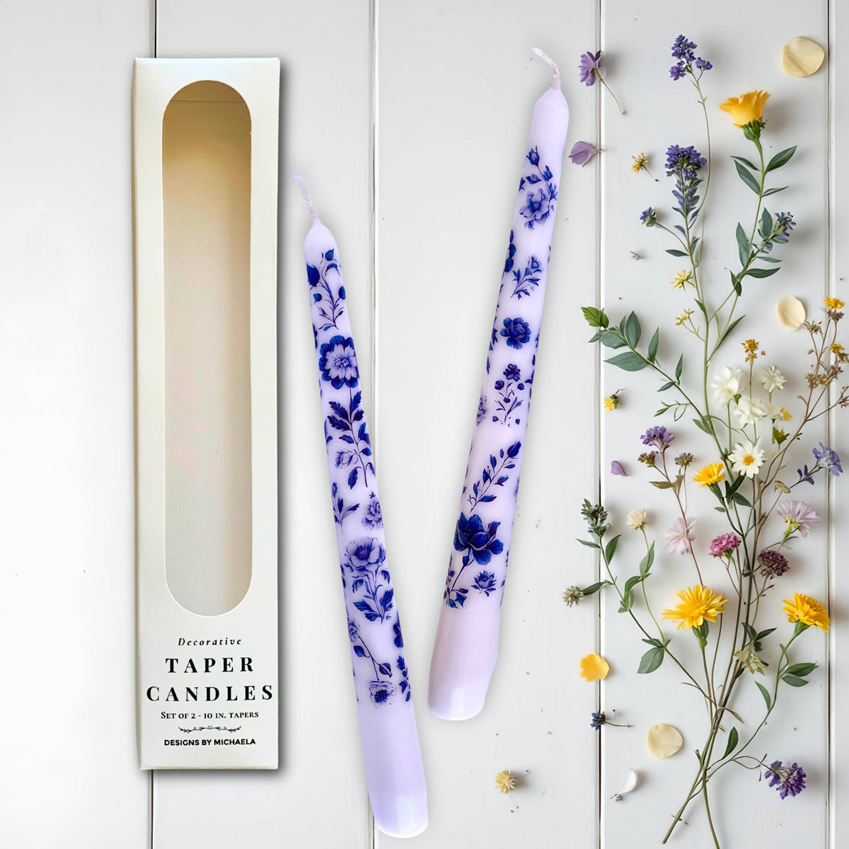 Blue Floral Chinoiserie Taper Candles for Decor and Gifts