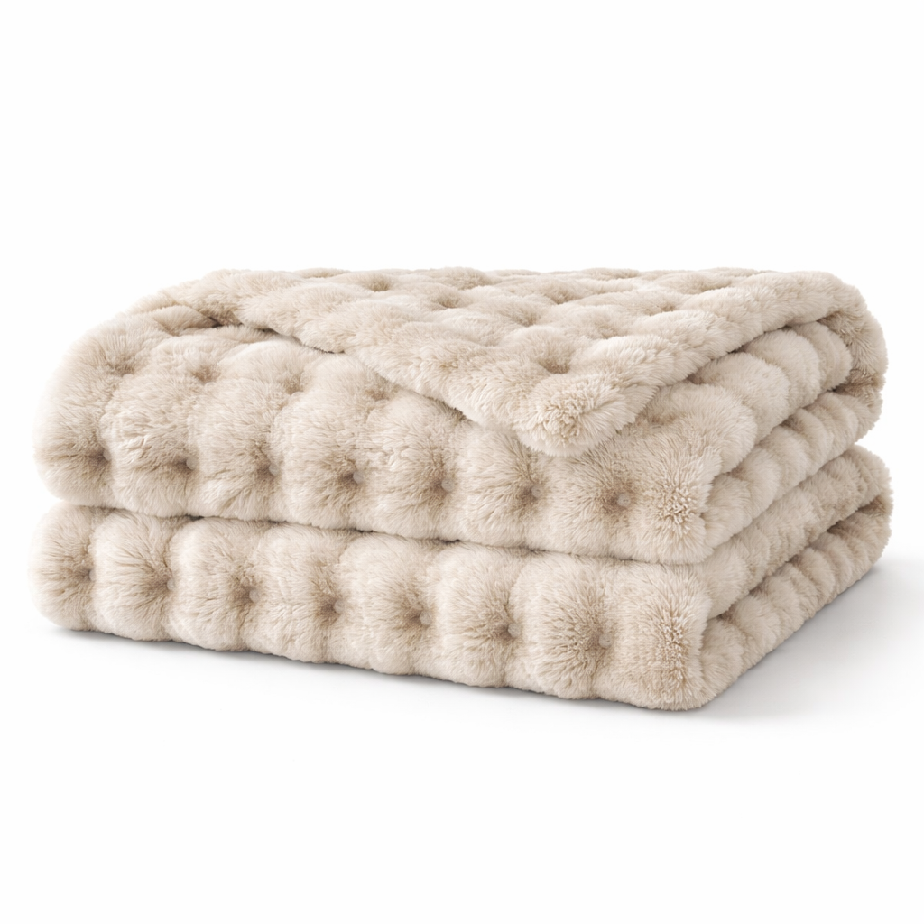 Beige Luxury Tufted Faux Fur Throw Blanket