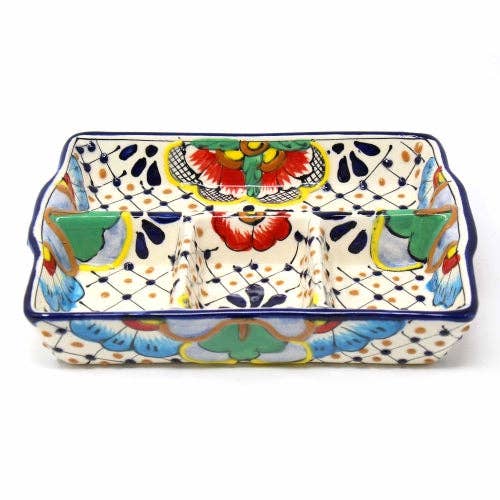 Encantada Handmade Pottery 9-inch Divided Platter, Dots & Flowers