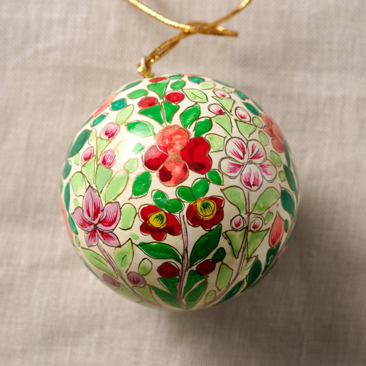 Ameer Paper Mache Ball Ornament - Floral on White