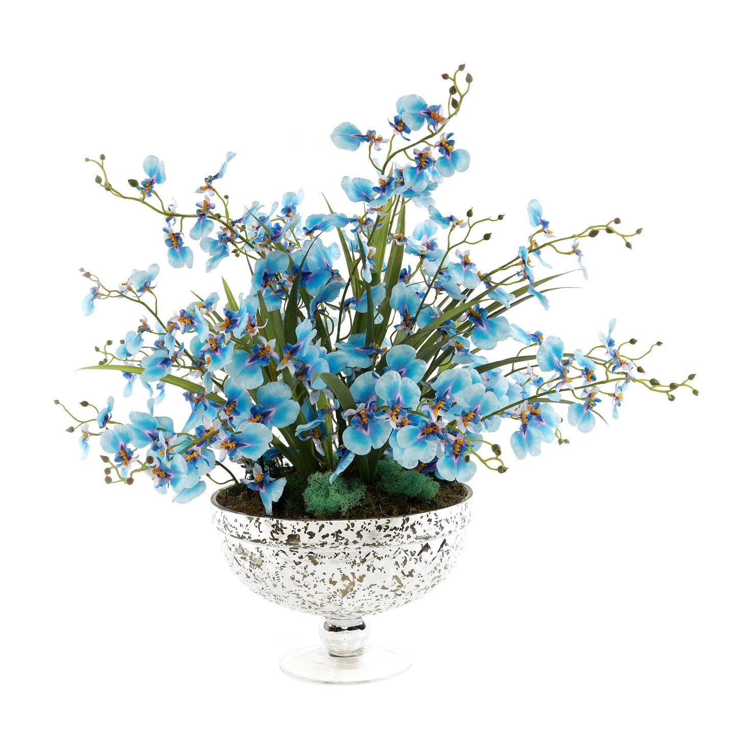 Blue Silk Oncidium Orchid Arrangement in Antique Silver Vase