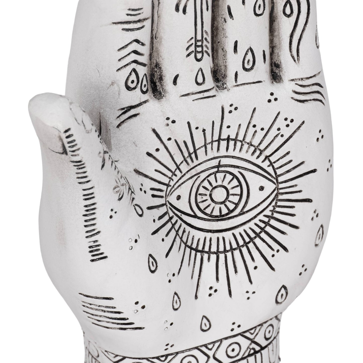 Resin Symbolic Eye Tattoo Hand Sculpture - White, 10 in.