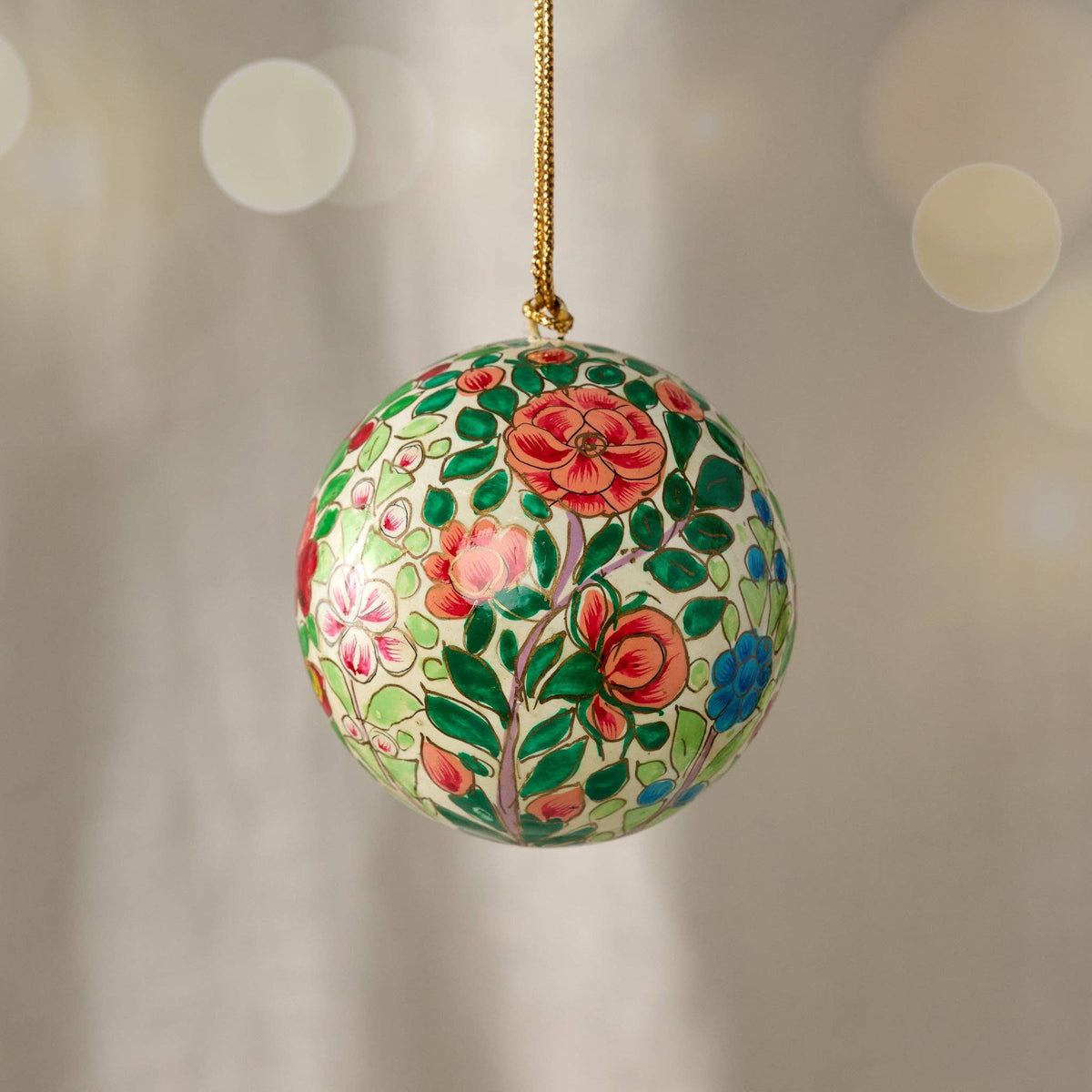 Ameer Paper Mache Ball Ornament - Floral on White