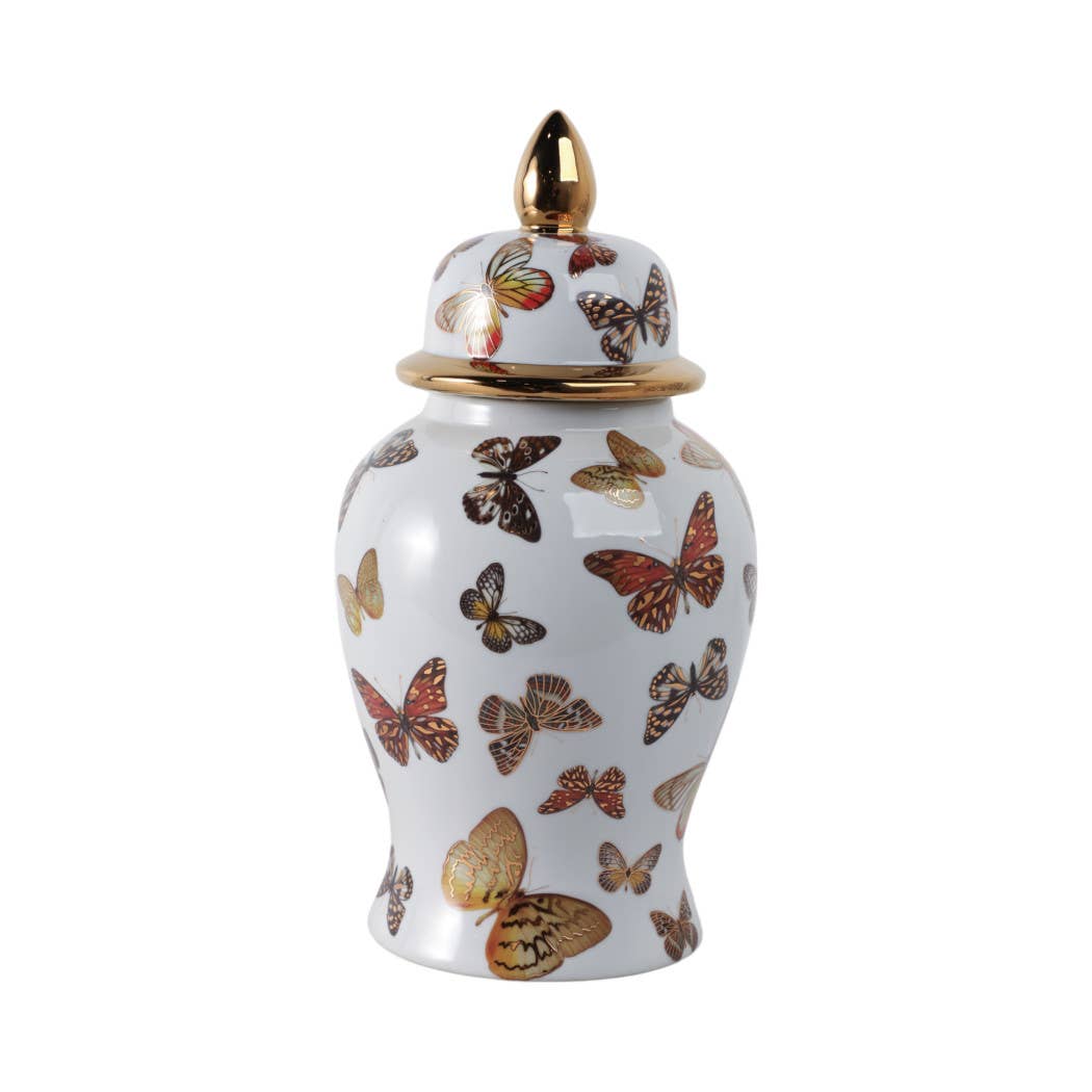 Decorative Jar- White/Gold Ceramic Tall Butterflies, 14.5in.