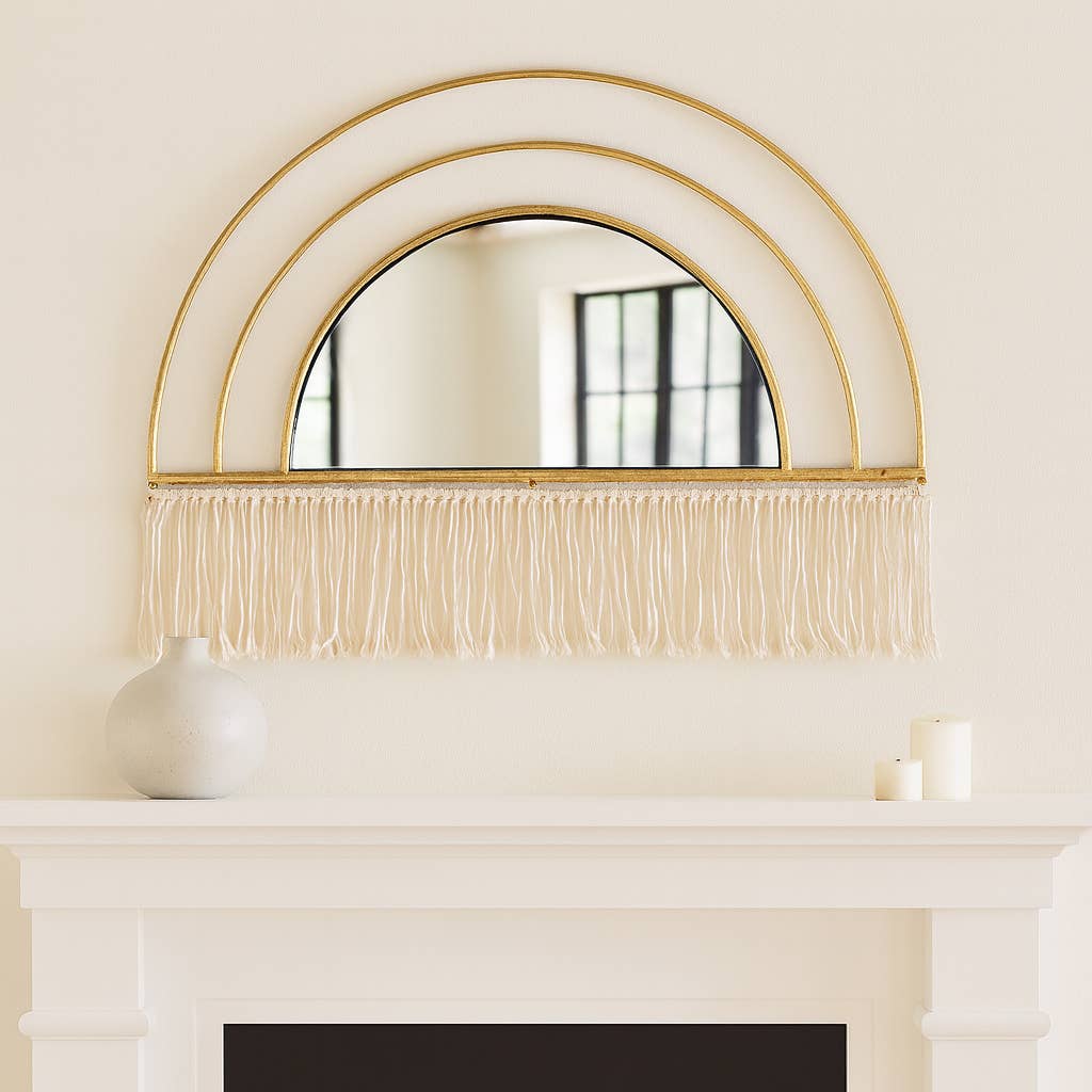Metal Wood Arched Wall Mirror Macrame Accents - Gold, 17 in.
